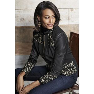 Chico's Black Faux Leather and Lace Bomber Jacket, Size 0 (US XS/S)